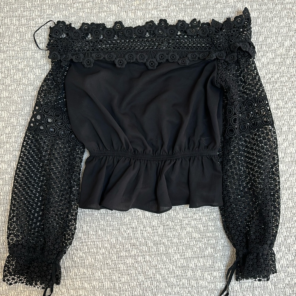 AQUA Black Off Shoulder Lace Sleeve Top